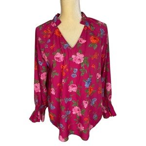 Ann Taylor Pink Floral Long Sleeve V Neck Ruffle Blouse Top Size‎ Small